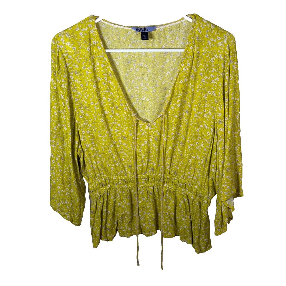 Vylette Blouse Women's XL Green V-Neck Tie 3/4 Sleeve Boho Floral Casual Top